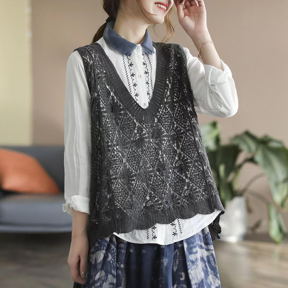 

Женский ретро вязаный кардиган без рукавов: Ажурный жилет для весны, лета и осени - Свободный модный топ большого размера One Size