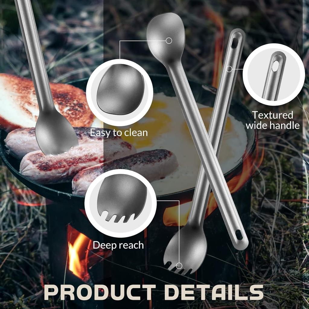 Minatee 4 Pieces Titanium Long Handle Spork and Spoon 8.4 Inch Ultralight Portable Flatware Lightweight Soup Spoon Camping Spork Utensil for Outdoor
