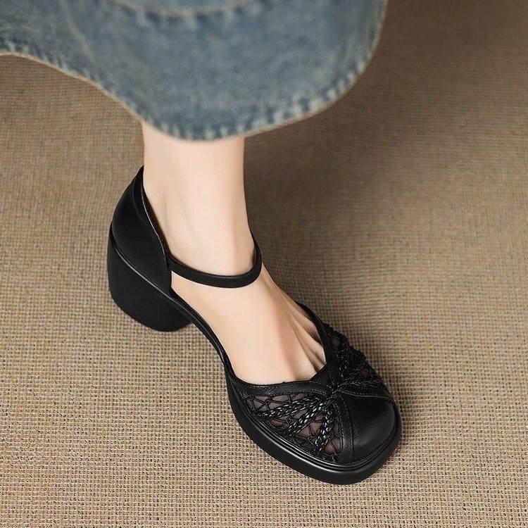 Baotou sandals women's summer thick-soled round head hollow high heels thick heel imitation leather soft sole small one-word buckle sandals