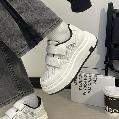 Chaussures blanches à lacets en mesh à semelles épaisses pour femmes, nouvelle collection automne, design de niche, cuir souple, respirantes, chaussures de sport, chaussures de skate