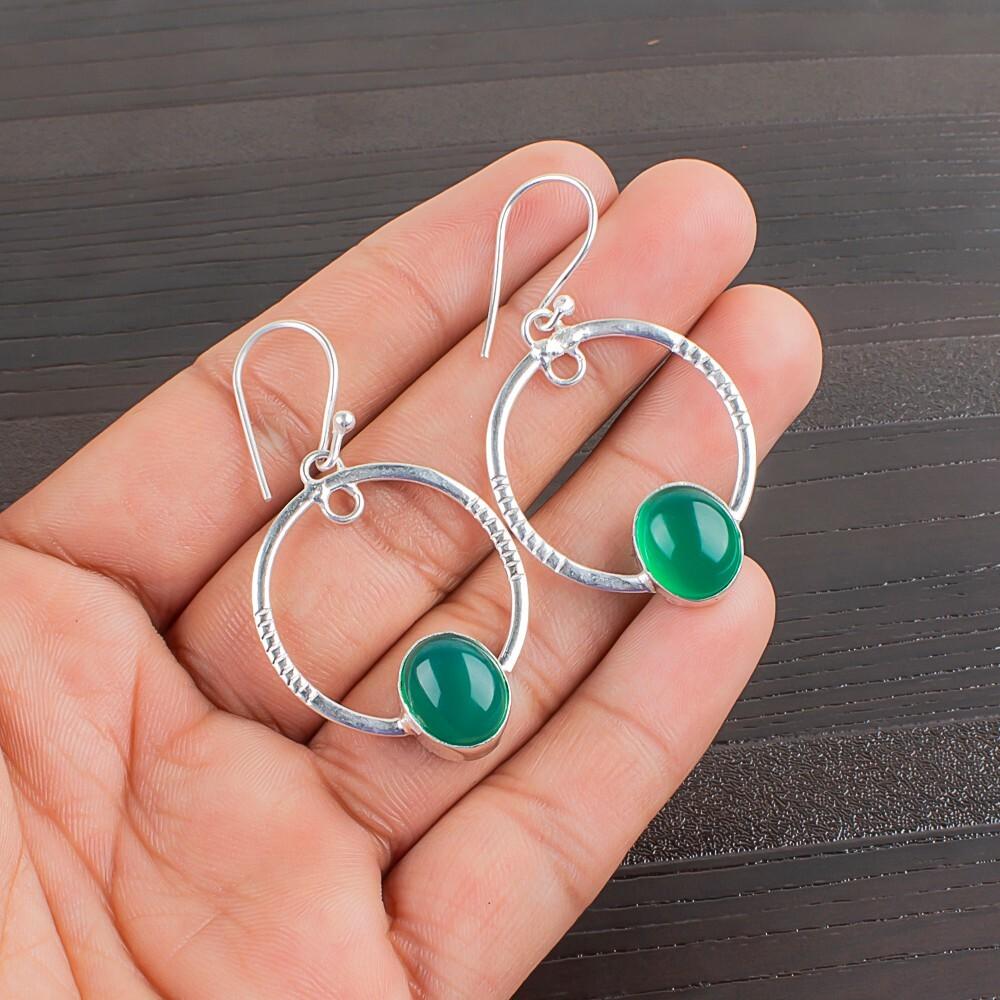 Green Onyx Cab Gemstone 925 Sterling Silver Handcrafted Jewelry Earrings 1.37" EE-67-36