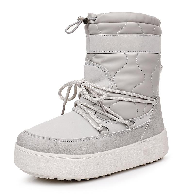 Schneestiefel Damen Lammwolle Innen Schneeschuhe Plateau Leder Thermisch Kurze Stiefel Kordelzug Riemen Damenstiefel