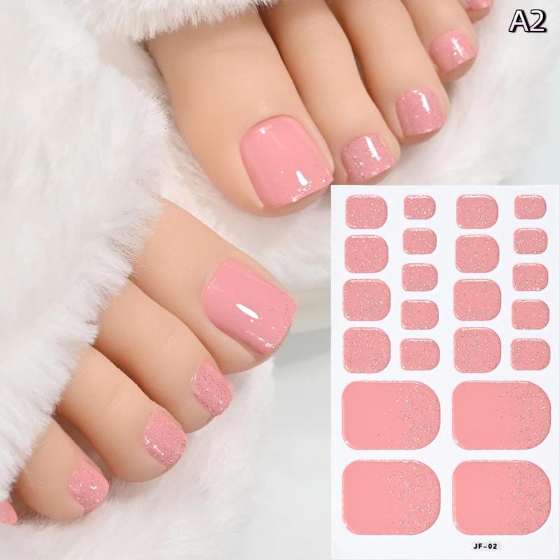 22Pcs/Sheet Toe Nail Sticker Wraps Baking Free Simple Solid Color Glitter Full Cover Toenail Polish Strips Waterproof