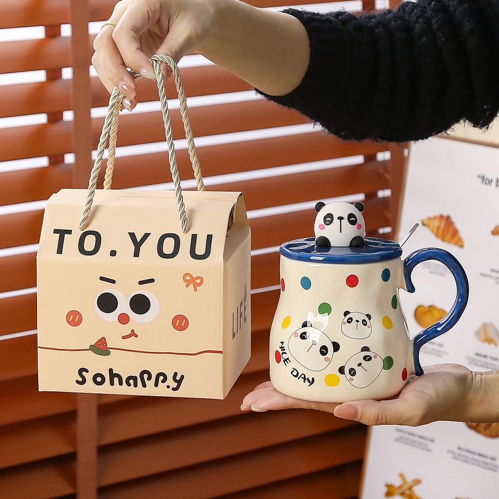 Polka dot animal cat mug with lid spoon gift box ceramic cup household water cup female cute office cup