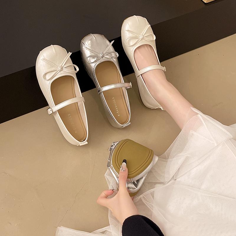 Fashion Silver Bowtie Mary Jane Pumps Fashion Women Round Toe Pu Leather Party Shoes Autumn New Woman Low Heels Wedges Buckle Shoes