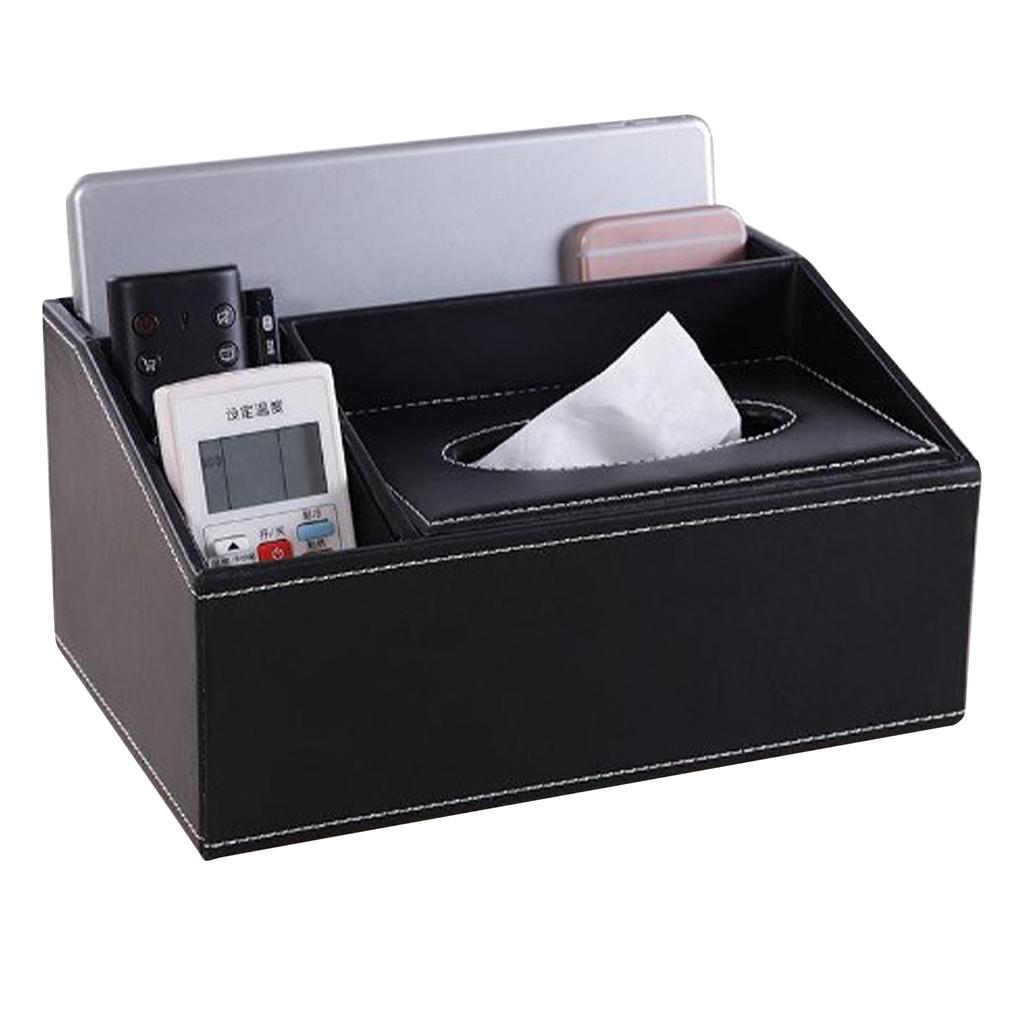 Multifunction Tissue Box Black Multiple Compartments Durable PU Leather Rectangular Tissue Box