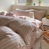 Korean Pink Grid Bedding Sets For Girls  New Flat Sheet Duvet Cover Set Pillowcase Bed Linen Queen Full Size Quilt Cover