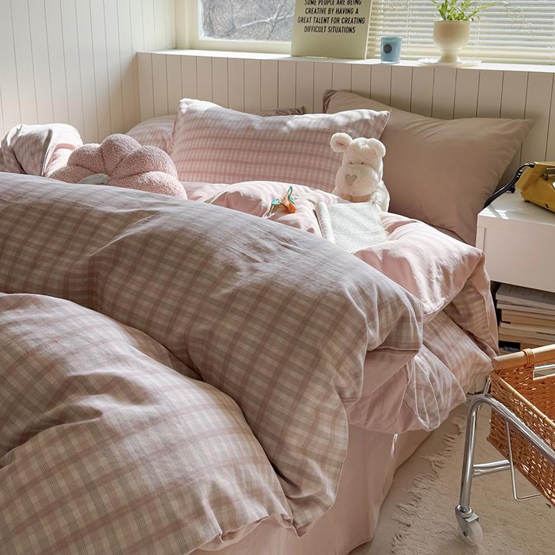 Korean Pink Grid Bedding Sets For Girls  New Flat Sheet Duvet Cover Set Pillowcase Bed Linen Queen Full Size Quilt Cover