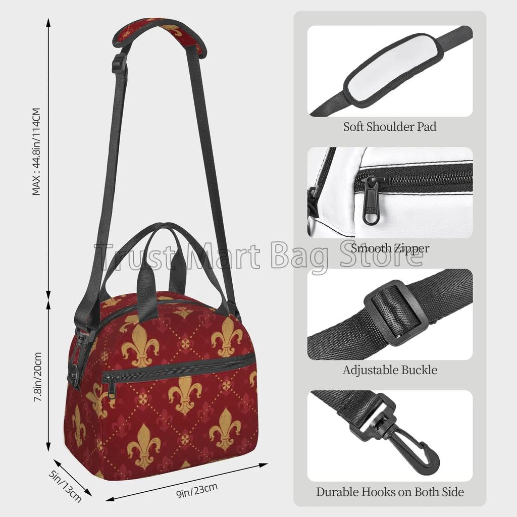 Heraldic Red Lis Expensive Kingly Gold Lily LYS Fleur Pattern Insulated Lunch Bag Reusable Portable Thermal Bento Tote for Work