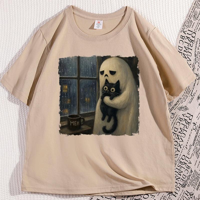 Meh Ghost Tshirt Unisex Unisex Black Cat Tee Funny Halloween Graphic T Shirts Cotton Loose Round Neck Printed Tshirts Clothing