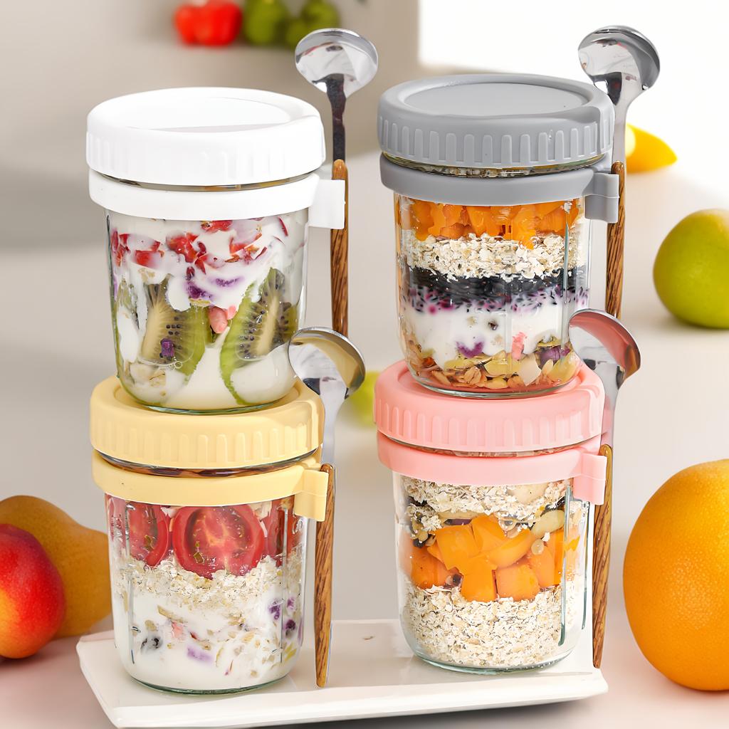 4pcs 11.83oz Glass Oatmeal Cup with Spoon, Breakfast Cup with Scale, Portable Breakfast Salad Jar, Yogurt Container, Storage Tank for Family Dining