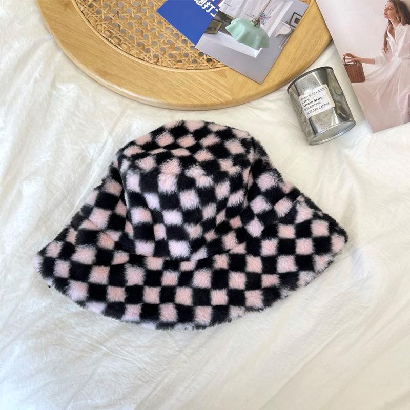 Plaid Fashion Checkerboard Plush Fishermans Hat Female Autumn And Winter Warmth