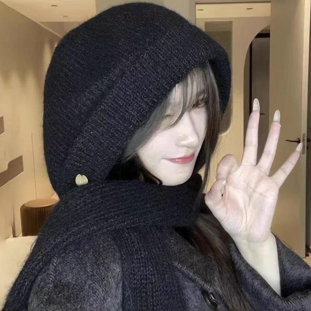 Solid Color Hooded Hat Warm One-Piece Scarf Cap Fashion Knitted Winter Balaclava  Outdoor