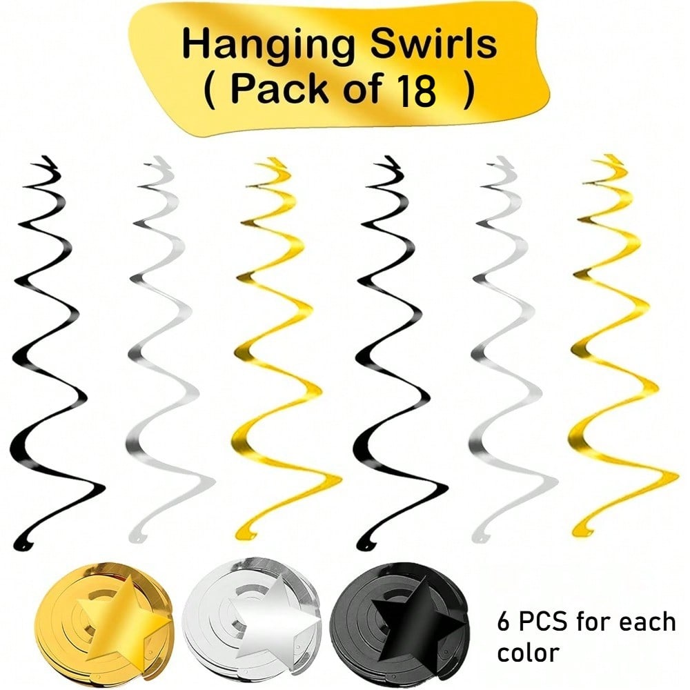 36 Pack Black Golden and Silvery Star Hanging Swirls-, No DIY | Black and Gold Party Decorations | New Years Decorations 2026 | Happy New Year 2026