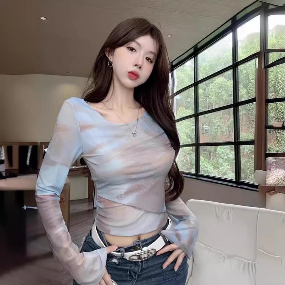 Damen Batik Unregelmäßiges Slim-Fit Langarm Crop Top