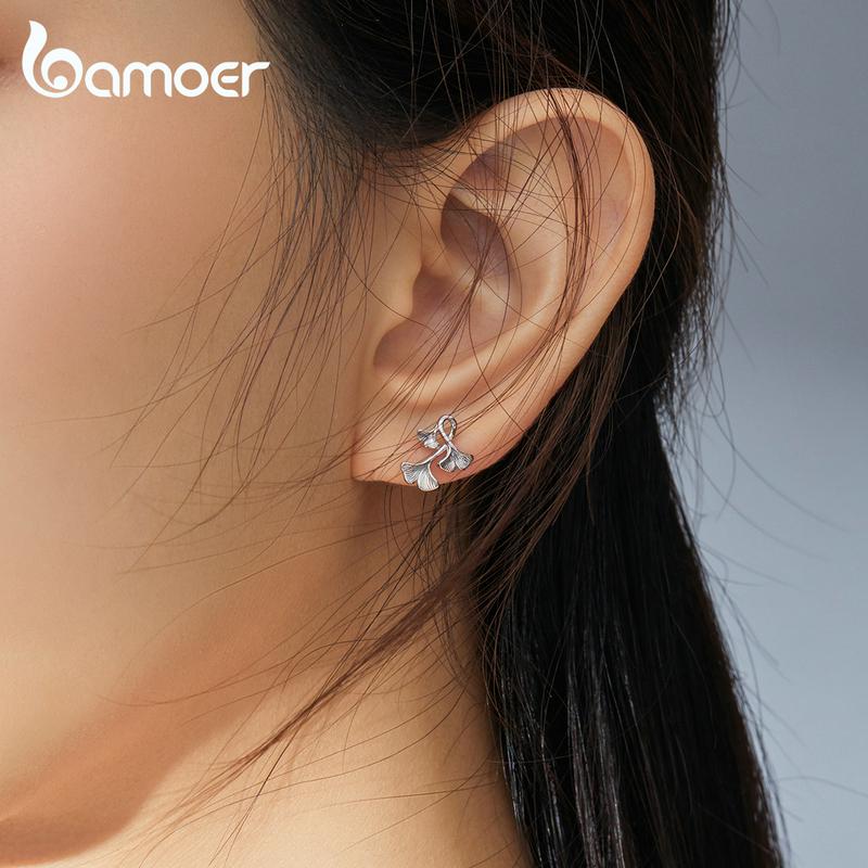 Bamoer Hot Style Real 925 Sterling Silver Ginkgo Leaf Stud Earrings For Women Wedding Small Earrings