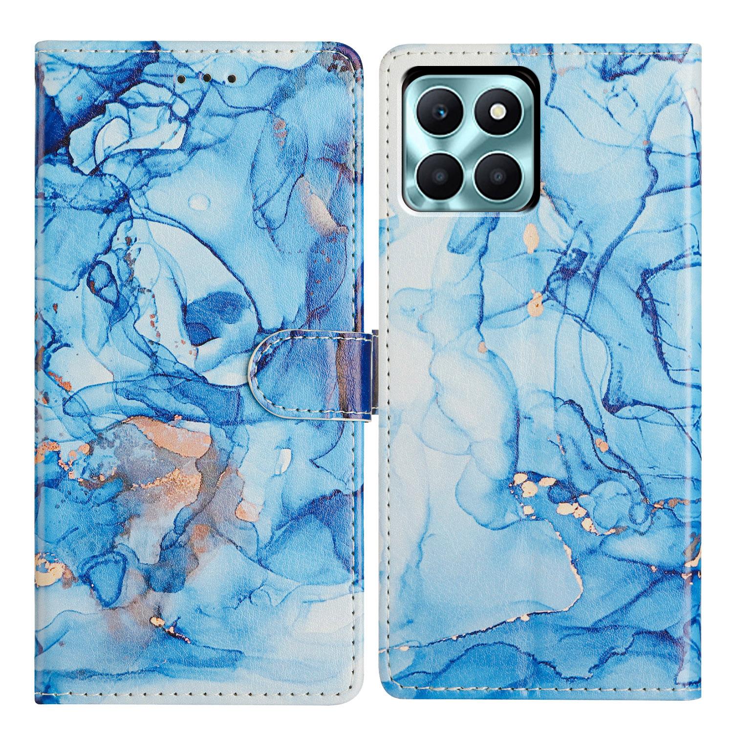 

For Honor X6c 4G Case Pattern Printing Wallet Stand Flip Leather Phone Cover with Strap Blue Marble