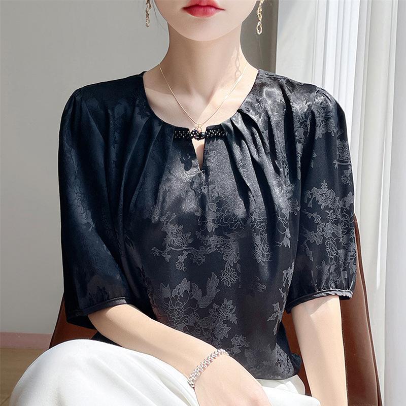 Summer New Style Chinese-style Round-neck Five-quarter Sleeve T-shirt for Women with Jacquard Pearl Base Shirt