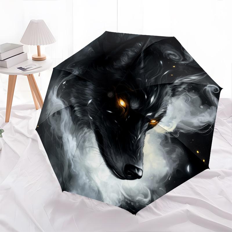 Rauchwolf-Muster, automatisch faltbarer Regenschirm, tragbares und faltbares Design, 8 Speichen, ein Weihnachts- oder Geburtstagsgeschenk.