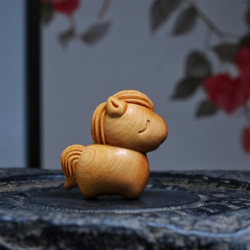 Natural Wood Miniature Horse Statue Artistic Handmade Craft Chinese Zodiacs Animal Figurine Ornament For Bookshelves Display