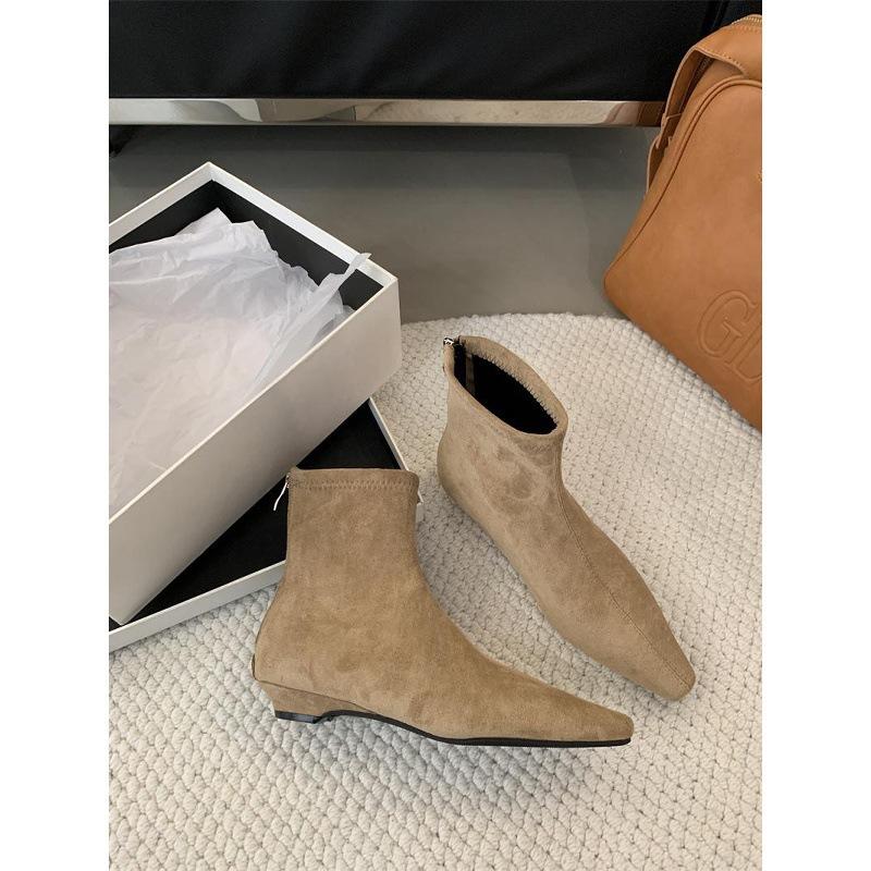 French Low Heel Suede Back Zipper Boots Women'S Boots Autumn And Winter Kitten Fleece Skinny Boots Heel And Ankle Boots