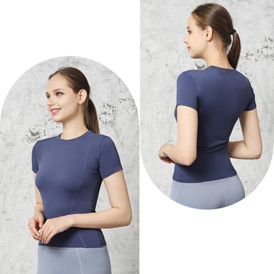 Women Sports Top Solid Color High Elastic Quick Drying Workout Shirt Short Sleeve Crew Neck Gym Apparel for Yoga Fitness