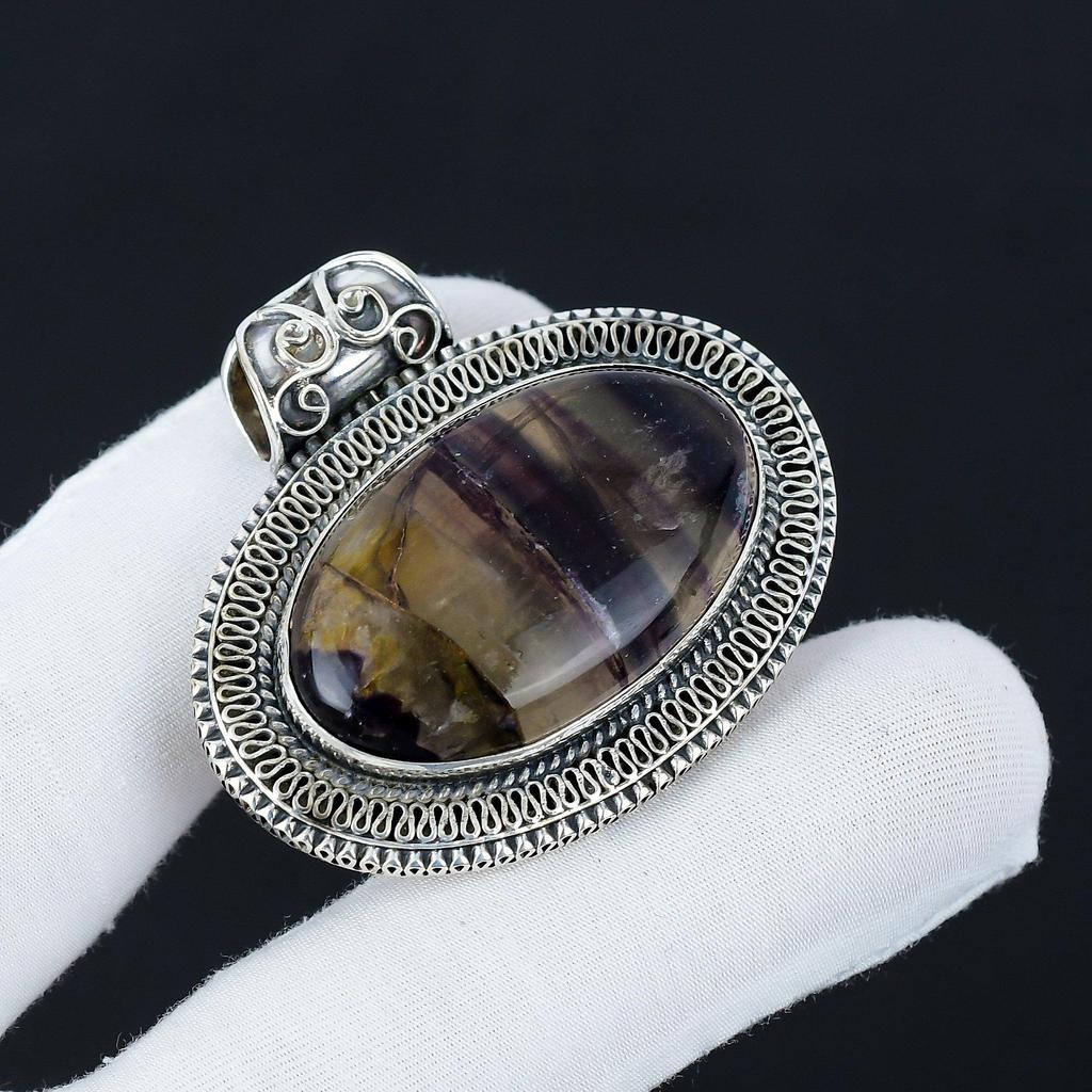 Natural Fluorite Gemstone Silver Pendant in 925 Sterling Silver- Handmade Design, Everyday Wear Jewelry, Antique Pendant Gifts For Mom