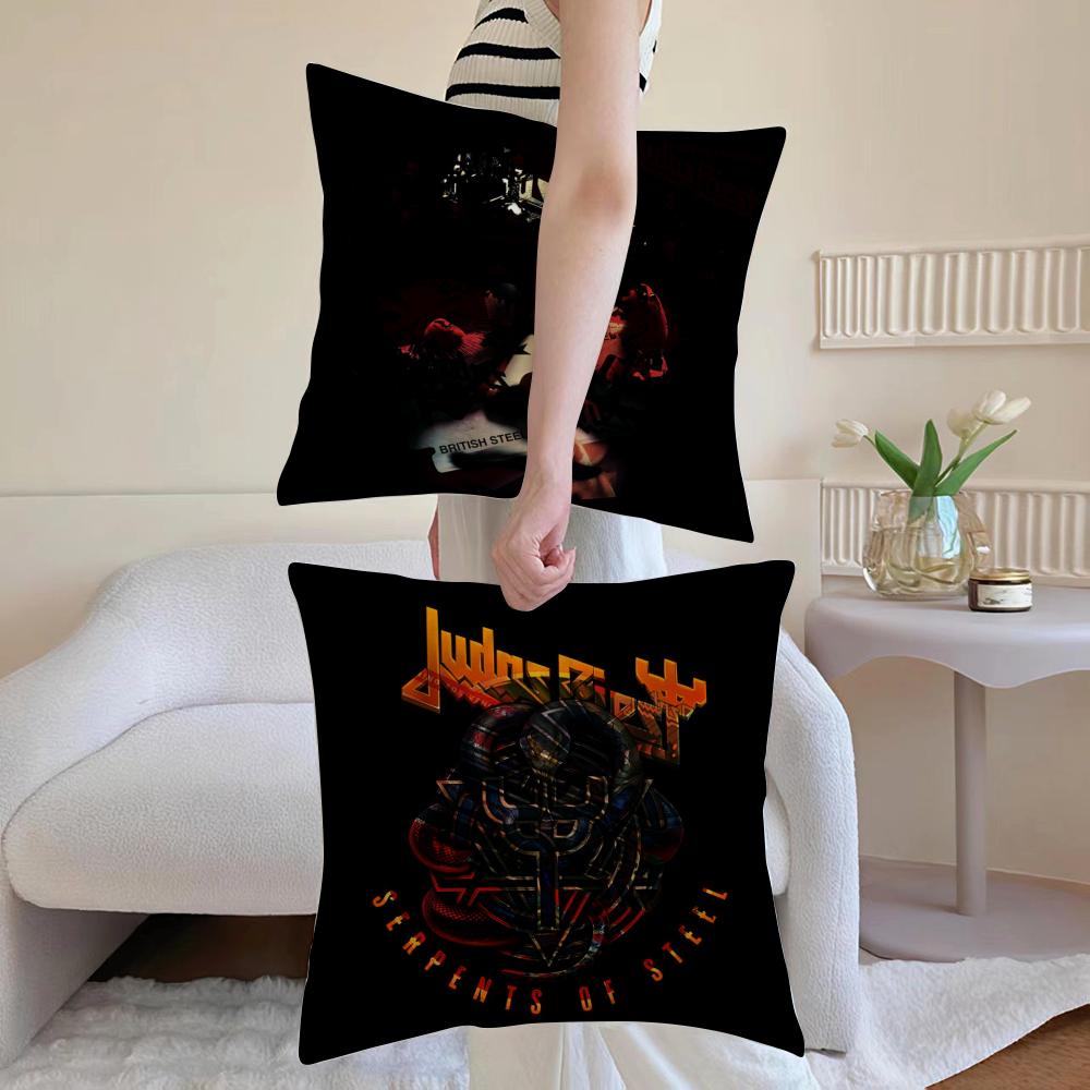 J-Judas P-Priest Cushion Cover Anti-dustmite Pillowcase Invisible Zipper Silky Short Plush Sofa Cushion Cover