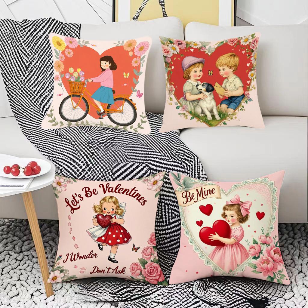 Valentine's Day Pillow Case Home Illustration Decoration Living Room Sofa Cushion Cover Linen Digital Letter Printing