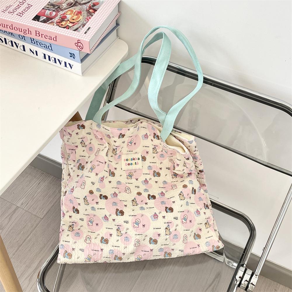 Cute Printed Kitten Canvas Bag Large Capacity Double Layer Work Bag Student Girl Summer Handbag