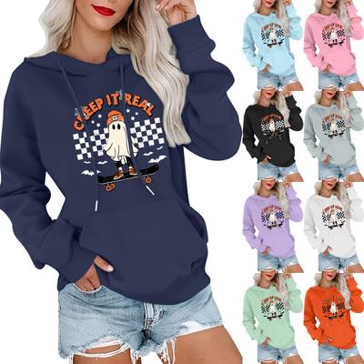 Suéter Quente Feminino da Moda, Casual, Confortável, Gola Redonda, com Capuz, Manga Comprida, Estampa de Halloween