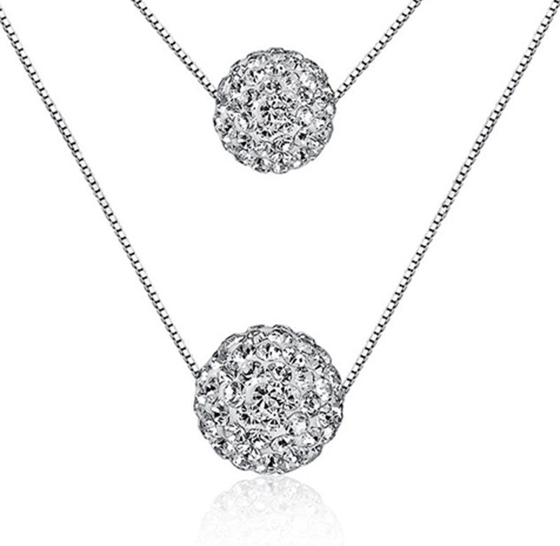 Korean 925 White Gold Clavicle Necklace with Diamond Ball Pendant