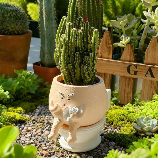 Funny Face Toilet Planter Decorative Resin Head Plant Pot Cute Face Planter with Drainage Hole for Succulents Small Houseplants Outdoor Use