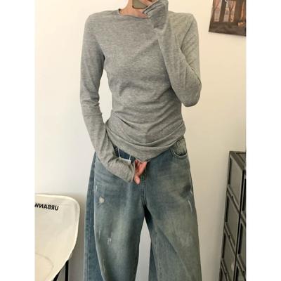 Grey Thin Sunscreen Blouse Women's Early Spring Slim-fitting Simple and Slightly Transparent Long-sleeved Shirt with Top and Bottom Shirt