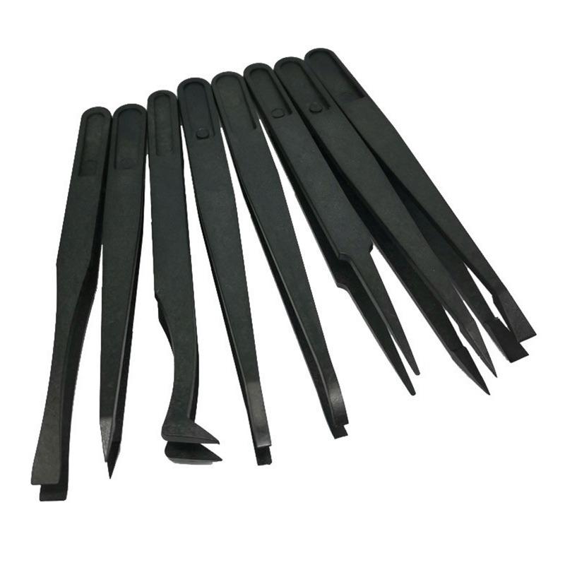 8PCS Flat Tip Anti-static Tweezer 11-12CM Black Flat Tip Plastic Antistatic Tweezers