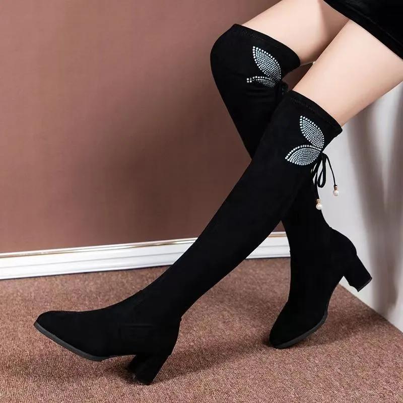 Women Over-the-knee Boots Temperament Pointe Elasticity Slimming Long Boots Women Knee High High-heeled Boots Botas Largas Mujer 35 чёрный