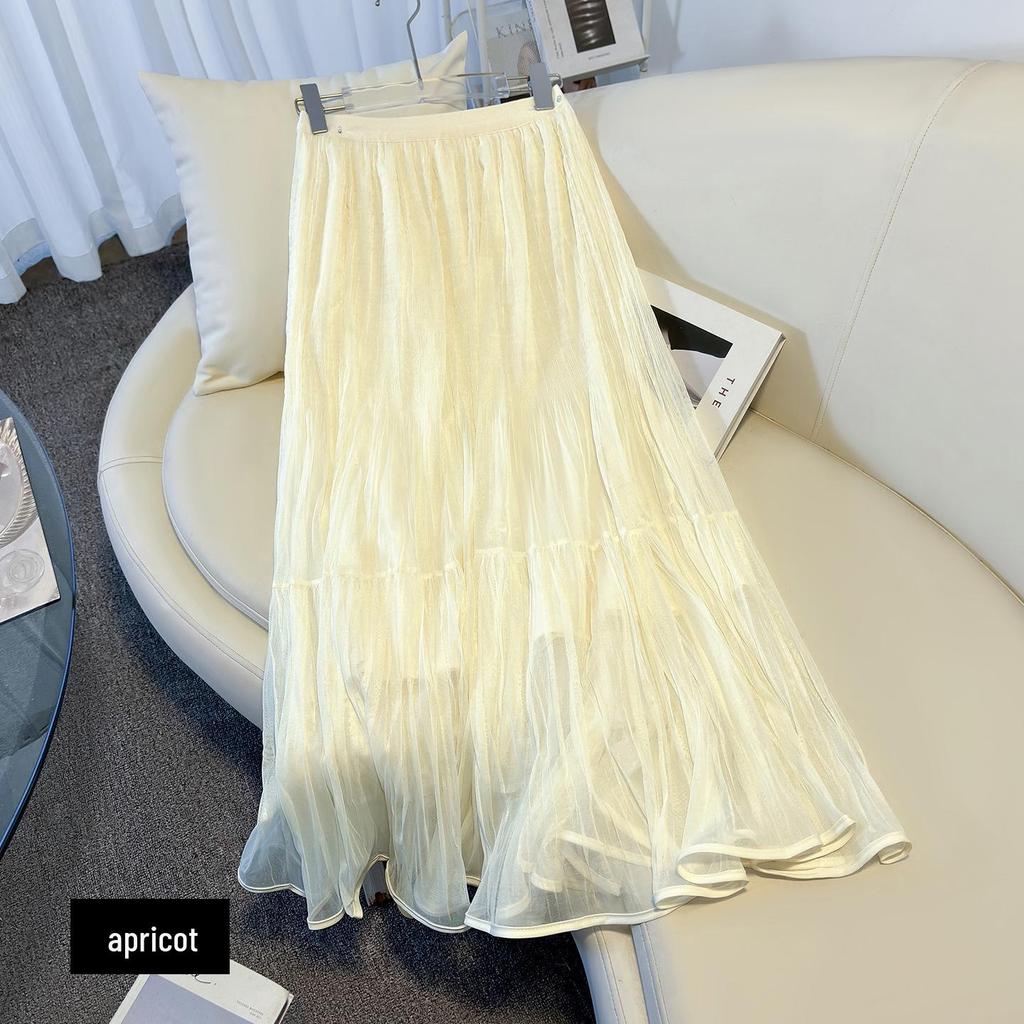 White Mesh Midi Skirt for Women - Elegant High Waist Drape Gentle Style