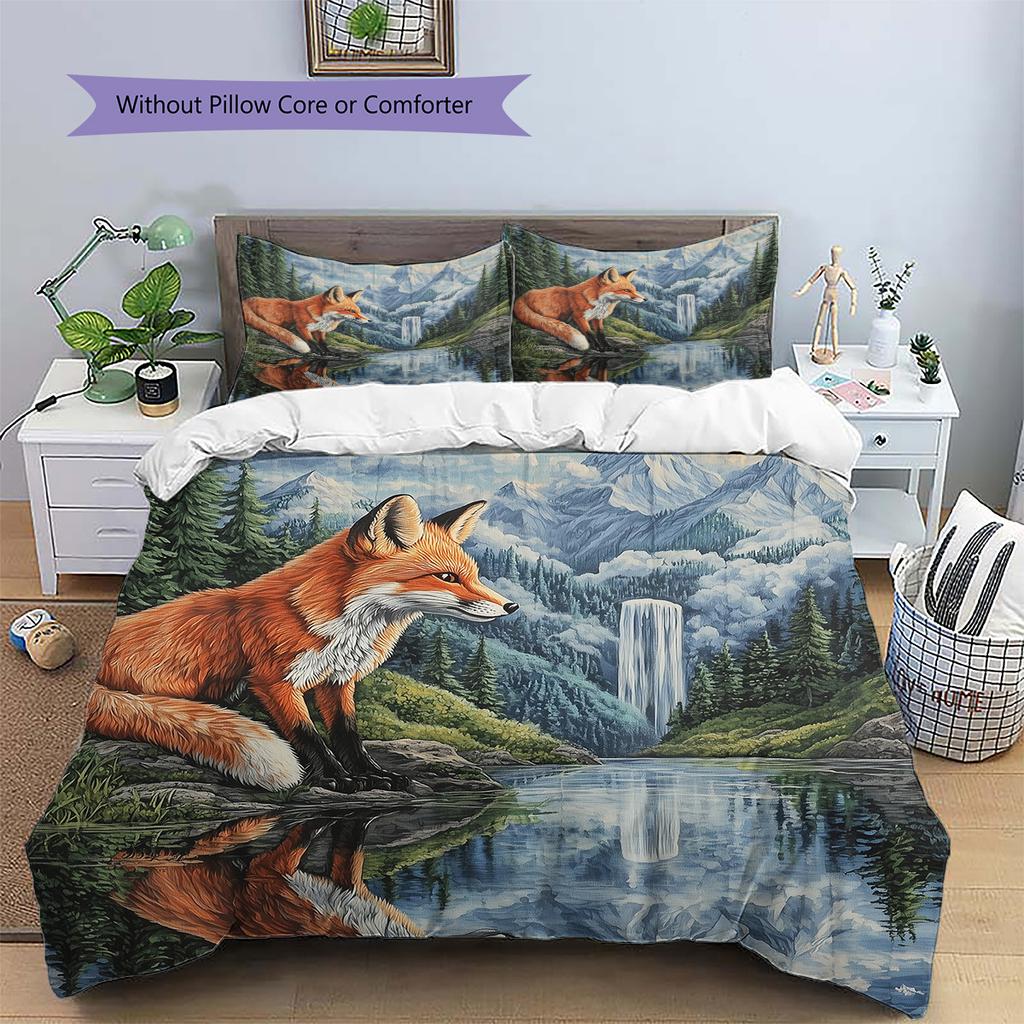 Animal by Forest Waterfall  Pattern Bedding Quilt Set  Home Decoration  Gift (1 * duvet cover + 2 * pillowcase, without core)