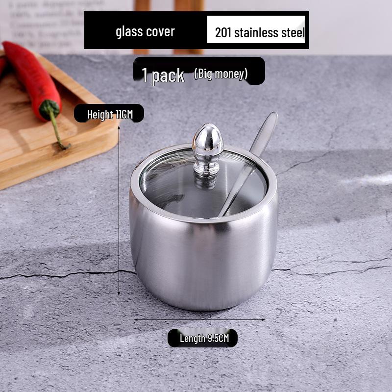 Gold Korean-Style Seasoning Jars, 201 Stainless Steel with Glass Lids On Tray, for Restaurant Use.