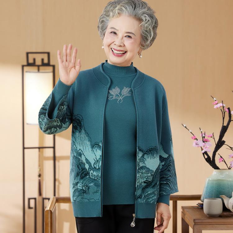 

Осенняя одежда для пожилых людей Вязаный костюм из двух частей для бабушки Осенне-зимняя одежда для пожилой женщины Плюс бархатная одежда Свитер в западном стиле для мамы 3XL