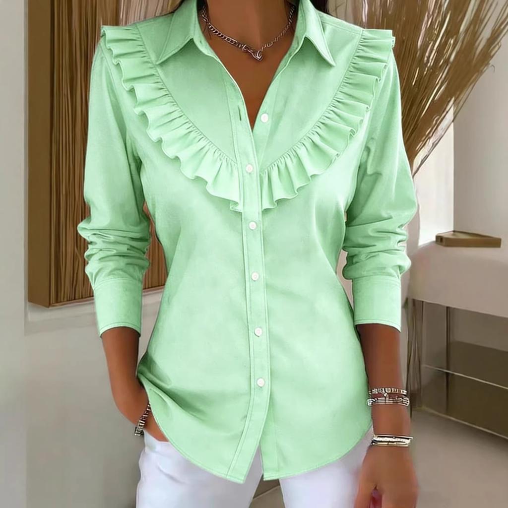 European and American Spring Women's Solid Color Shirt Collar Long Sleeve Casual Loose Ruffle Edge Cotton and Linen Top