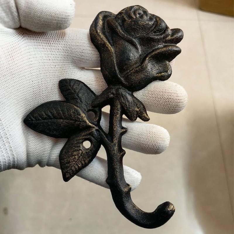 Metal Wall Hook With Rose Detail and Weathered Finish, Decorative Wall Mounted Hook for Keys Towels Aprons in Entryway Bathroom Kitchen or Hallway