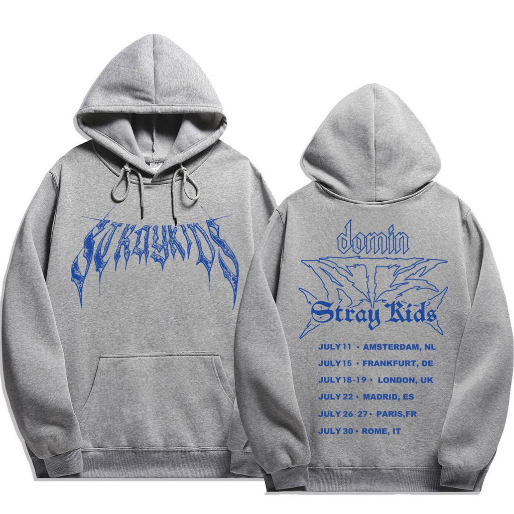 Stray Kids dominATE Europe Tour Blue Death Hoodie, Front Gothic Stray Kids Lettering Wing Graphic Full European Date List Oversized K‑Pop Fan Pullover
