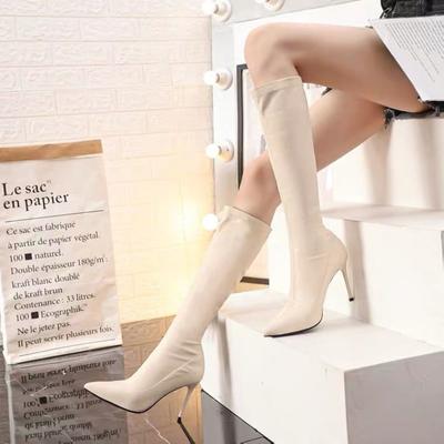 Footwear Pointed Toe Shoes for Women High Heels Ladies Boots Winter Knee Shaft Long Elastic Elegant Heeled Work Gyaru Quality Pu