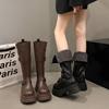 Two Wear Platform Knight Boots Women's 2025 Autumn and Winter New Brown But Knee Boots Thick Heel Thin Folded Martin Boots