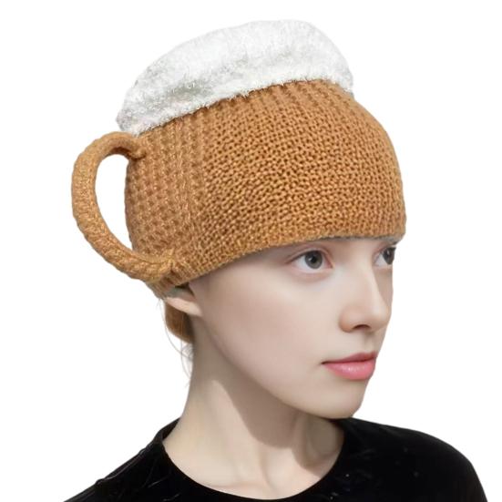 Beer Mug Leg Warmers Funny Hat, Novelty Knitted Unique 3D Cup Headwear with Handles, Winter Warm Gloves for Adults, Men And Women Cozy Thanksgiving