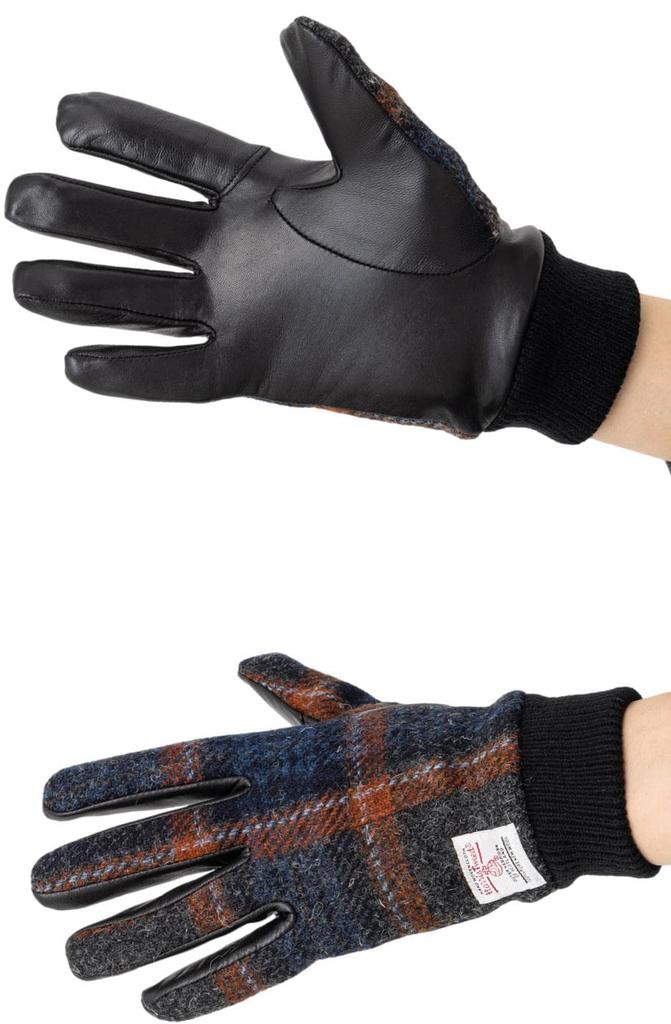 Sleeping Sheep Harris Tweed Leather Combination Smartphone with Orange CK Men's Gloves, Compatible, Fleece-Lined, 24cm, Case, (with Cuffs)