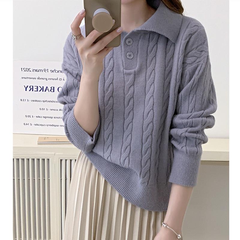 Women's Sweater POLO Collar Autumn and Winter Vintage Loose Pullover Sweater Knitted Top for Women