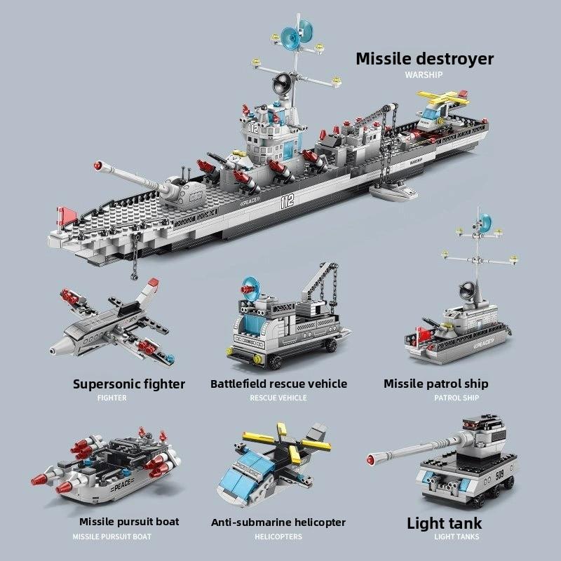 Set de construcción de portaaviones militar para niños juguete educativo de bloques de montaje