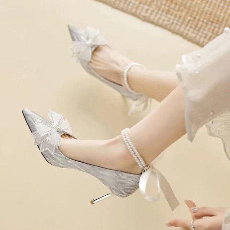 Bow High Heels Wedding Shoes Women's 2025 New Spring Bridesmaid Shoes Bride Shoes Stiletto Crystal Shoes French Single Shoes
